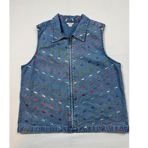 Art Teacher Vintage  Christopher & Banks Large Embroidered Denim Vest Blue Multi